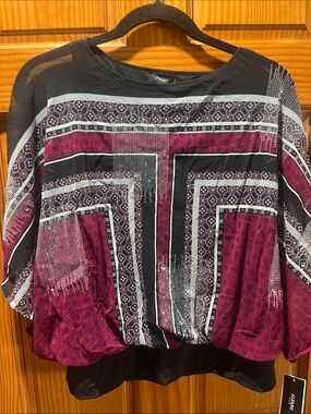 Alfani Black and Wine Geometric Blouson Top
